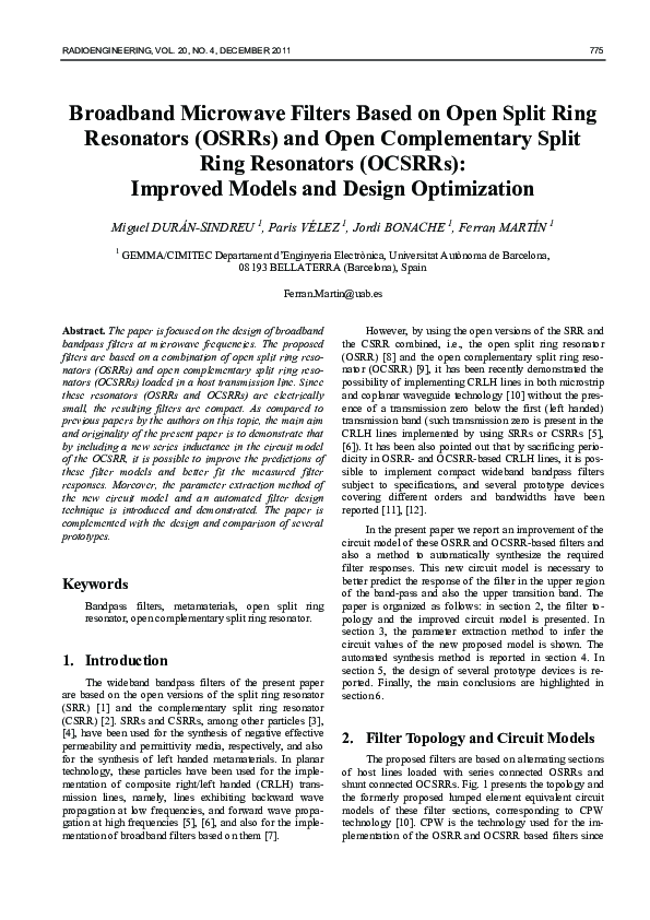 (PDF) Broadband Microwave Filters Based on Open Split Ring Resonators ...