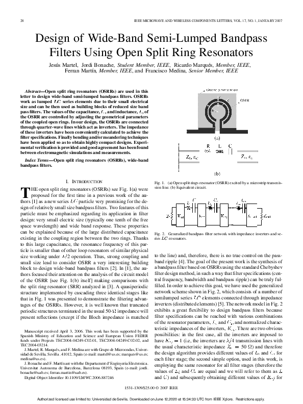 (PDF) Design of Wide-Band Semi-Lumped Bandpass Filters Using Open Split ...