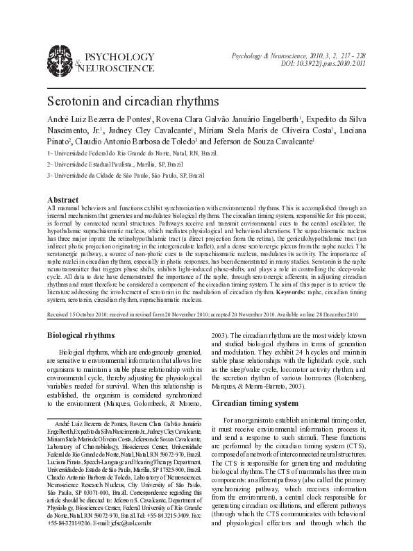 (PDF) Serotonin and circadian rhythms - Glp 1 Serotonin Circadian Rhythm