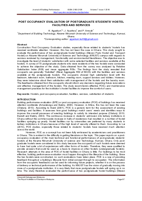 (PDF) Post Occupancy Evaluation of Postgraduate Students' Hostel ...