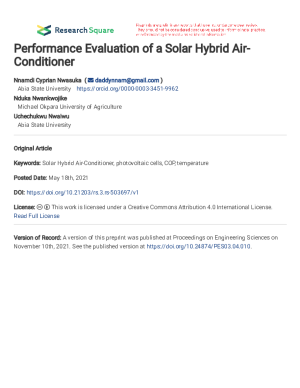 (PDF) Performance Evaluation of a Solar Hybrid Air-Conditioner