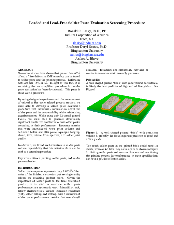 (PDF) Leaded and LeadFree Solder Paste Evaluation Screening Procedure
