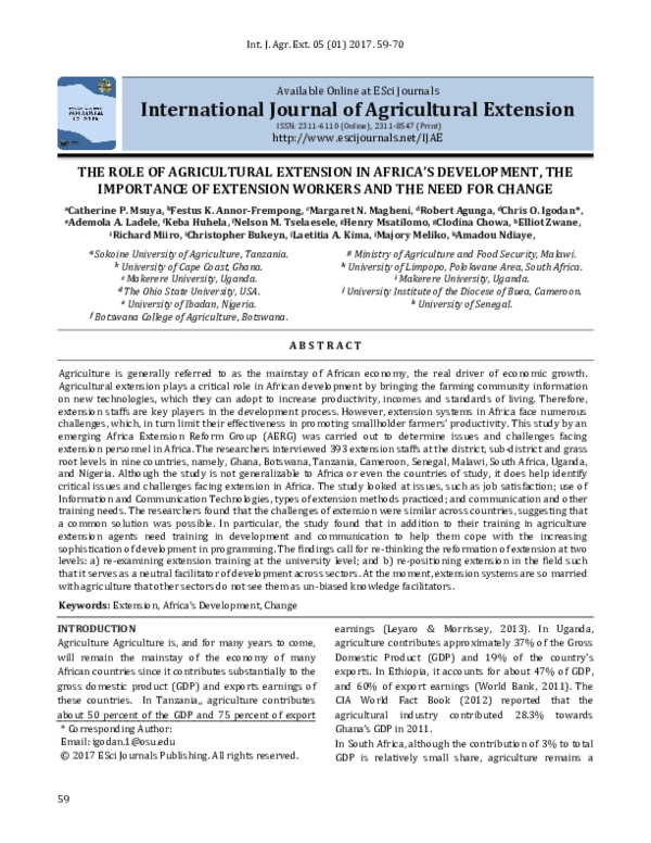 (PDF) The Role of Agricultural Extension in Africa’s Development, the ...