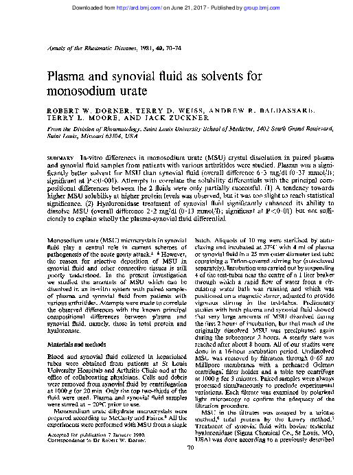 (PDF) Plasma and synovial fluid as solvents for monosodium urate