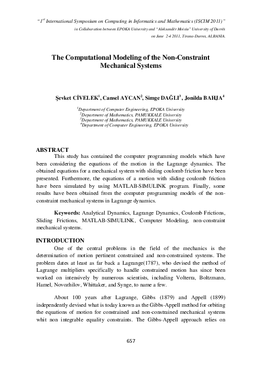 (PDF) The Computational Modeling of the Non-Constraint Mechanical Systems