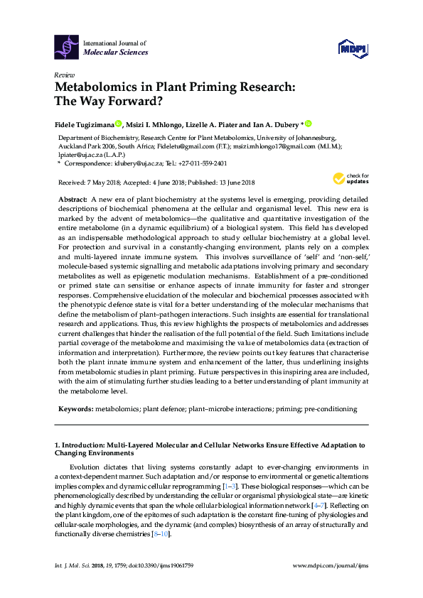 (PDF) Metabolomics in Plant Priming Research: The Way Forward?