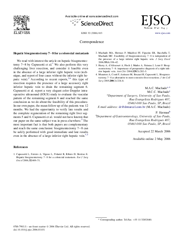 (PDF) Hepatic bisegmentectomy 7–8 for a colorectal metastasis