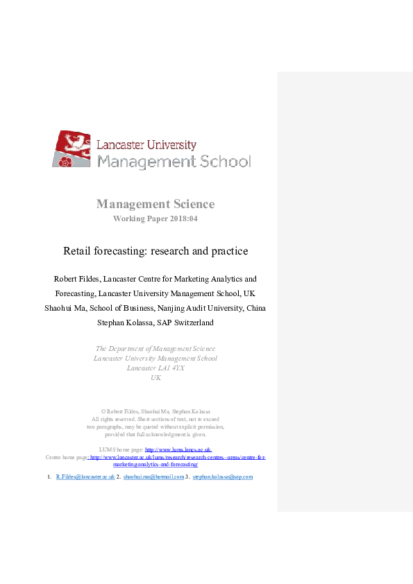 (PDF) Working Paper 2018 : 04 Retail forecasting : research and practice