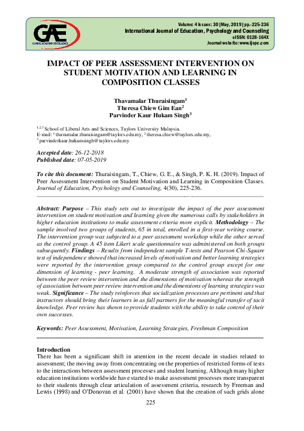 (PDF) Impact of Peer Assessment Intervention on Student Motivation and ...