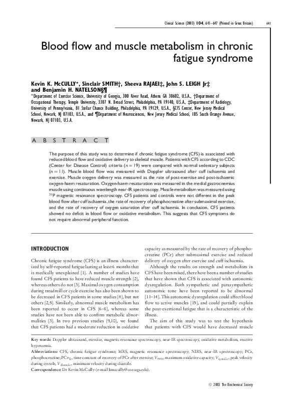 (PDF) Blood flow and muscle metabolism in chronic fatigue syndrome