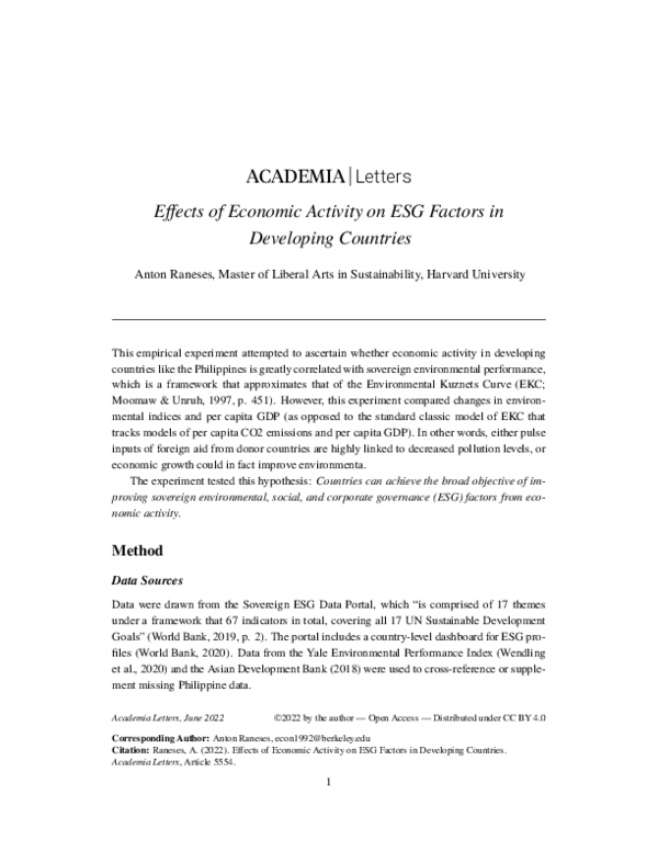 (PDF) Effects of Economic Activity on ESG Factors in Developing Countries