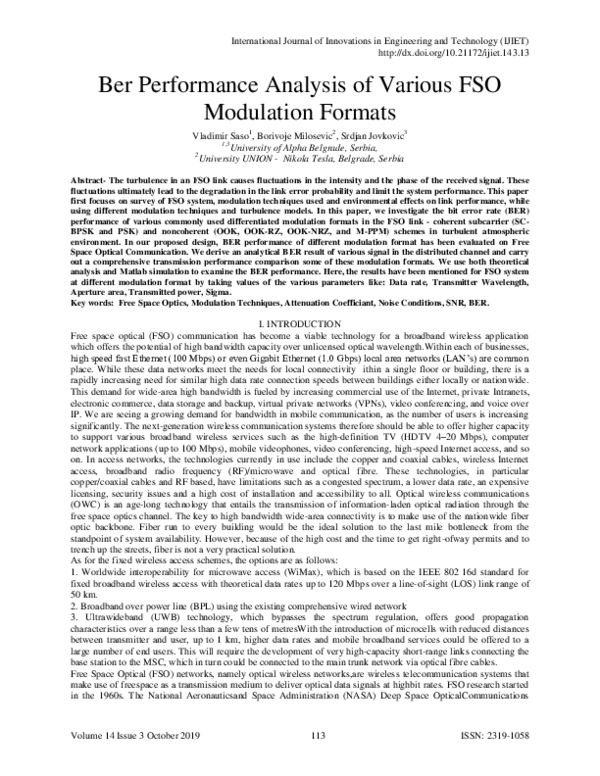 (PDF) Ber Performance Analysis of Various FSO Modulation Formats