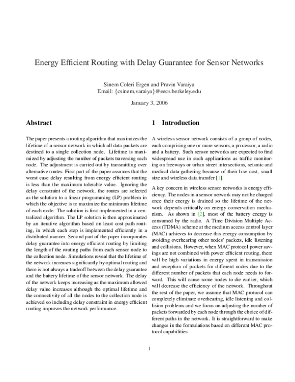 (PDF) Energy efficient routing with delay guarantee for sensor networks