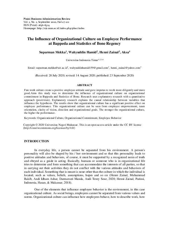 (PDF) The Influence of Organizational Culture on Employee Performance ...