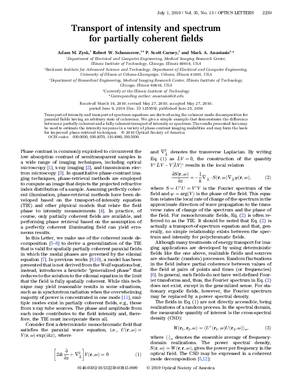 (PDF) Transport of intensity and spectrum for partially coherent fields