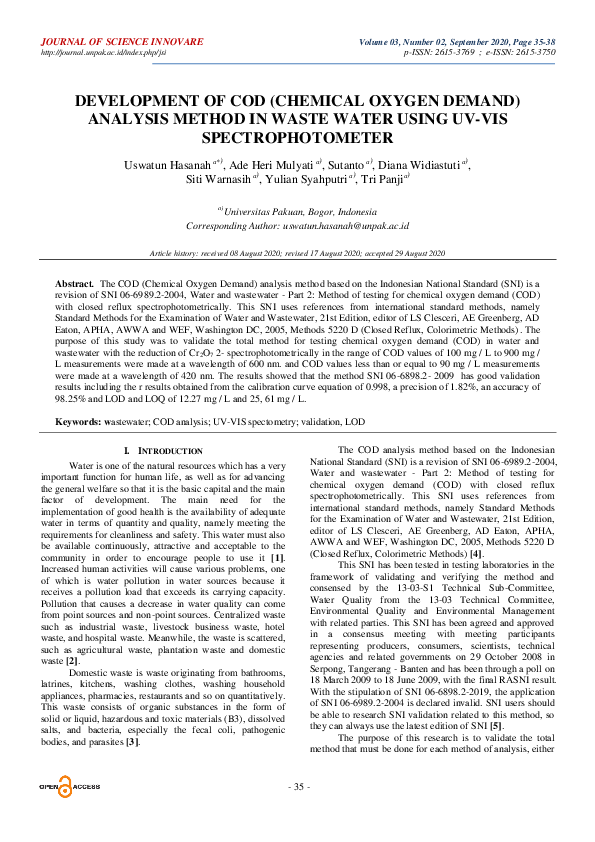 (PDF) Development of Cod (Chemical Oxygen Demand) Analysis Method in Waste Water Using UvVis