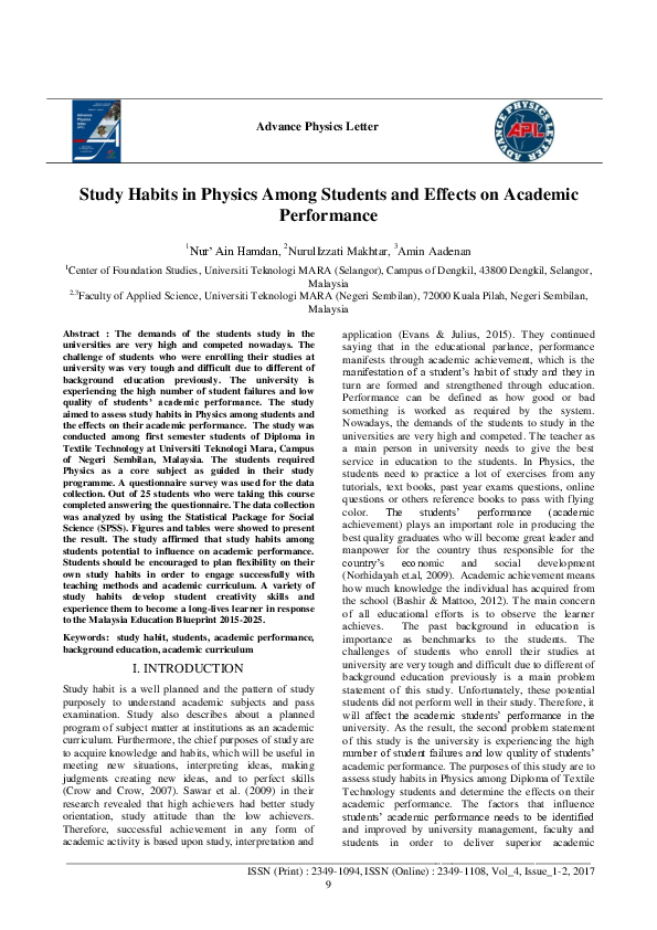 (PDF) Study Habits in Physics Among Students and Effects on Academic ...