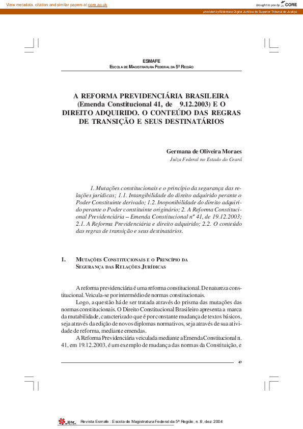 (PDF) A reforma previdenciária brasileira : emenda constitucional 41 ...