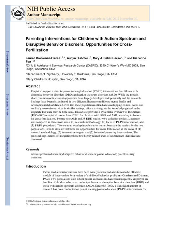 (PDF) Parenting Interventions for Children with Autism Spectrum and ...