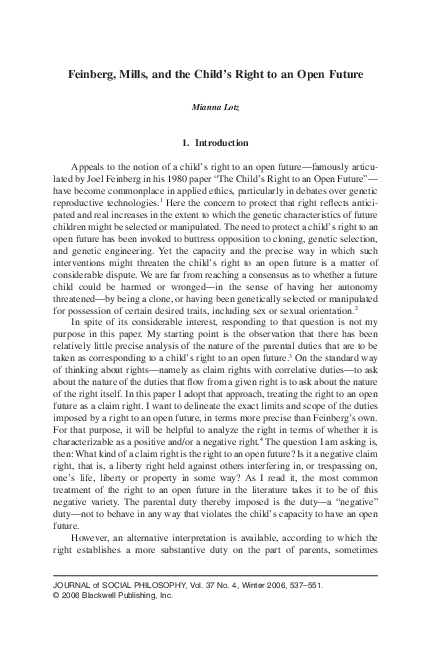 (PDF) Feinberg, Mills, and the Child's Right to an Open Future