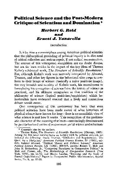 Political Science and the Post-Modern Critique of Scientism and Domination