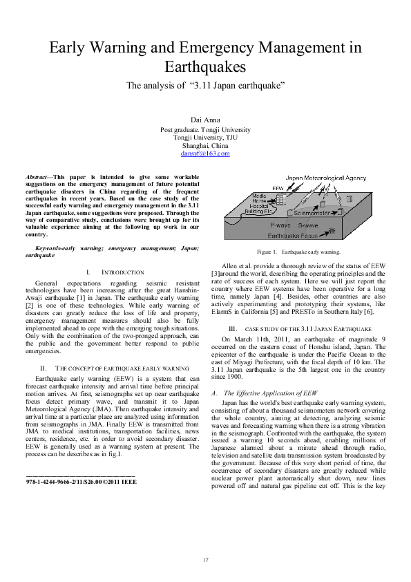 (PDF) Early warning and emergency management in earthquakes