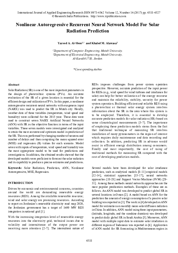 (PDF) Nonlinear Autoregressive Recurrent Neural Network Model For Solar ...