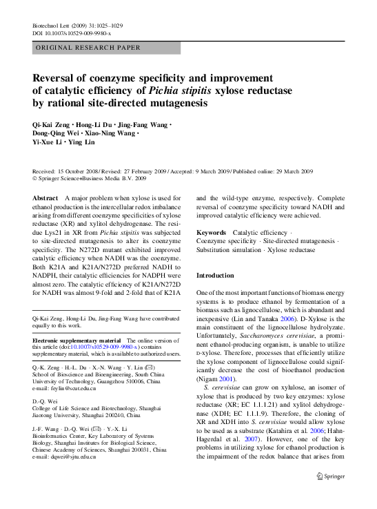 (PDF) Reversal of coenzyme specificity and improvement of catalytic ...
