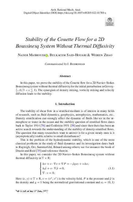 (PDF) Stability of the Couette Flow for a 2D Boussinesq System Without ...