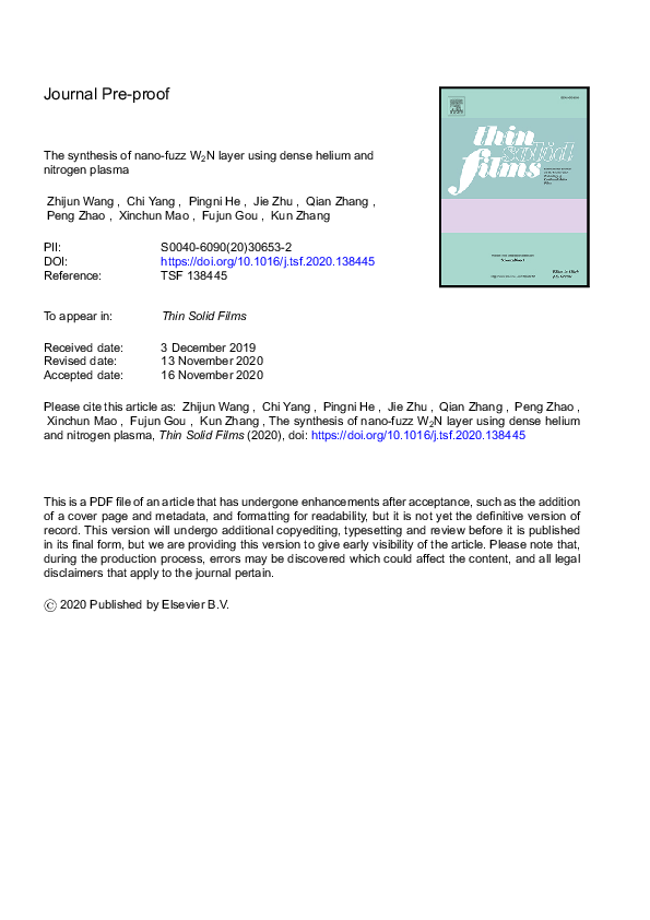 (PDF) The synthesis of nano-fuzz W2N layer using dense helium and ...