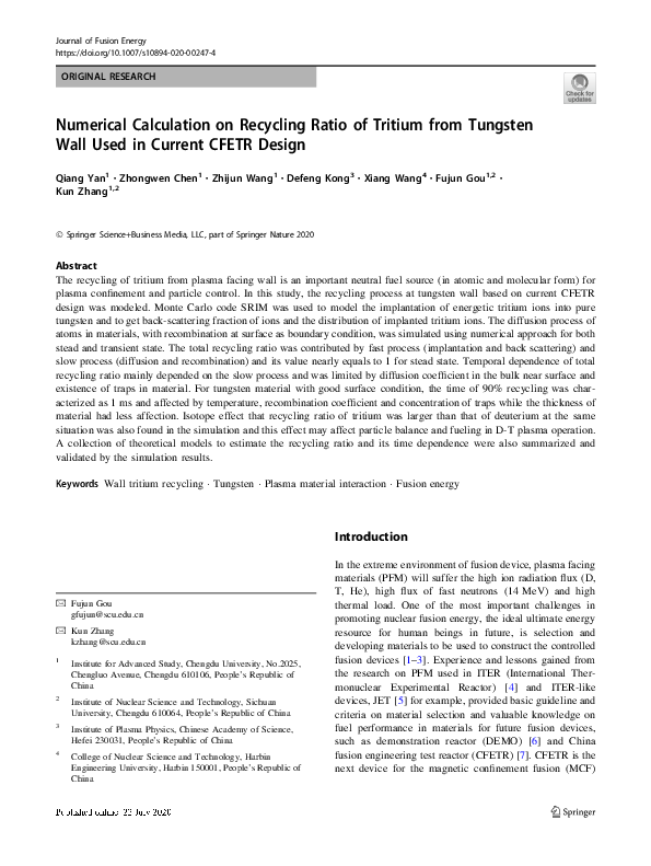 (PDF) Numerical Calculation on Recycling Ratio of Tritium from Tungsten ...