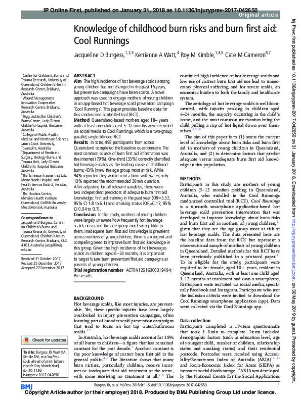 (PDF) Knowledge of childhood burn risks and burn first aid: Cool Runnings