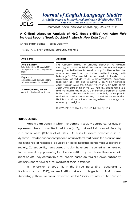 (PDF) A Critical Discourse Analysis of NBC News Entitles' Anti-Asian ...