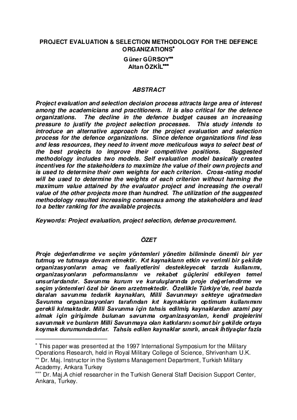 (PDF) Project Evaluation & Selection Methodology for The Defence ...