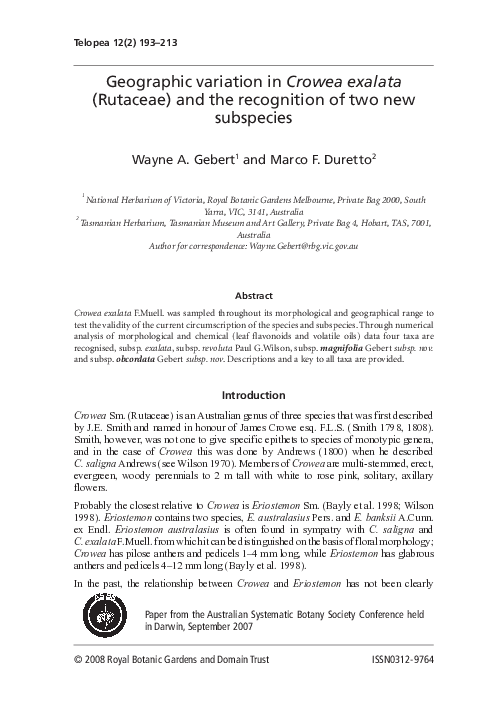 (PDF) Geographic variation in Crowea exalata (Rutaceae) and the ...
