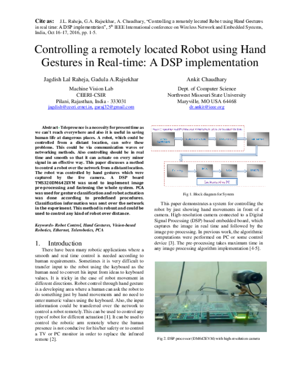 (PDF) Controlling a remotely located robot using hand gestures in real