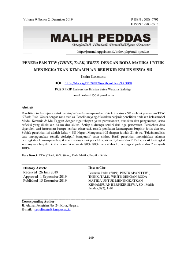 (PDF) Penerapan TTW (Think, Talk, Write Dengan Roda Matika Untuk ...