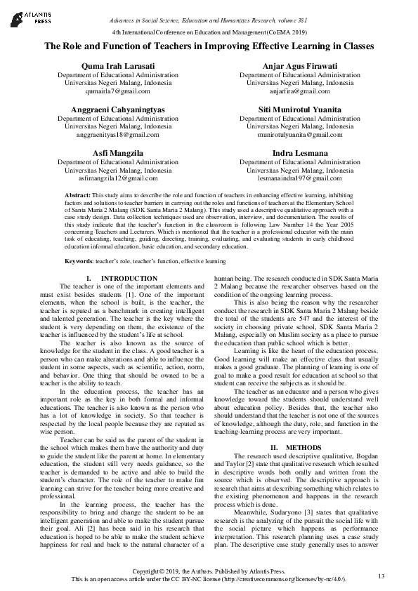 (PDF) The Role and Function of Teachers in Improving Effective Learning ...