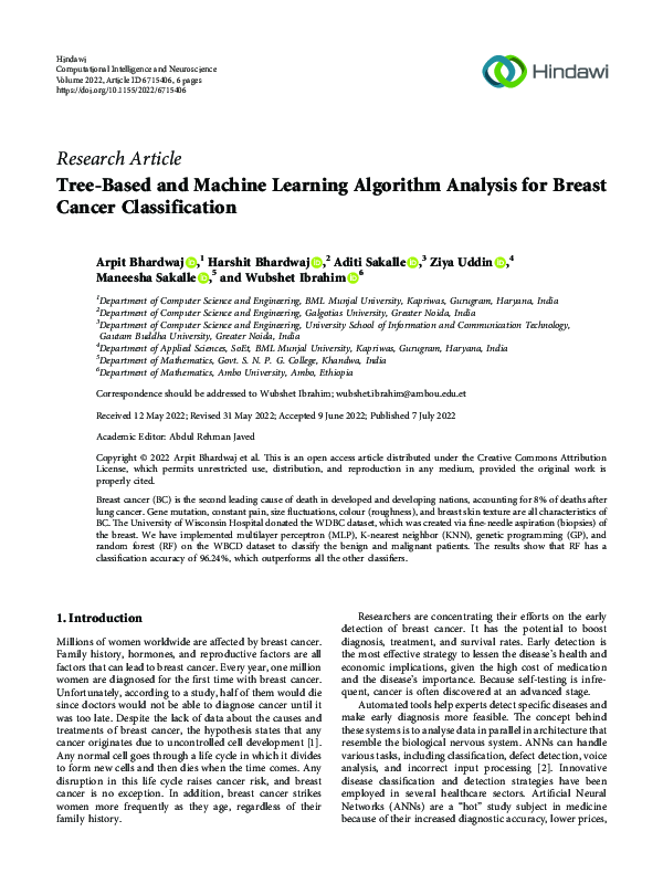 (PDF) Tree-Based and Machine Learning Algorithm Analysis for Breast ...