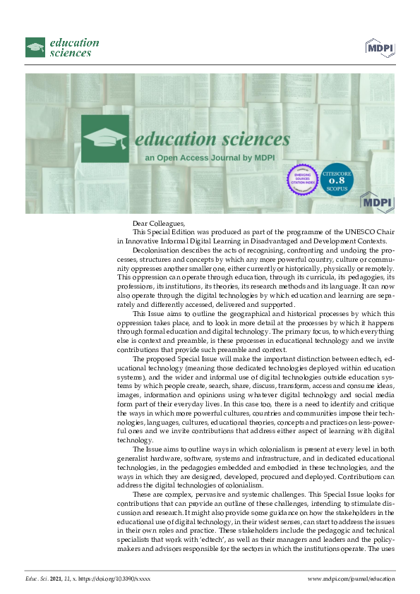 (PDF) Call for paper: Special Issue "Decolonising Educational Technology"