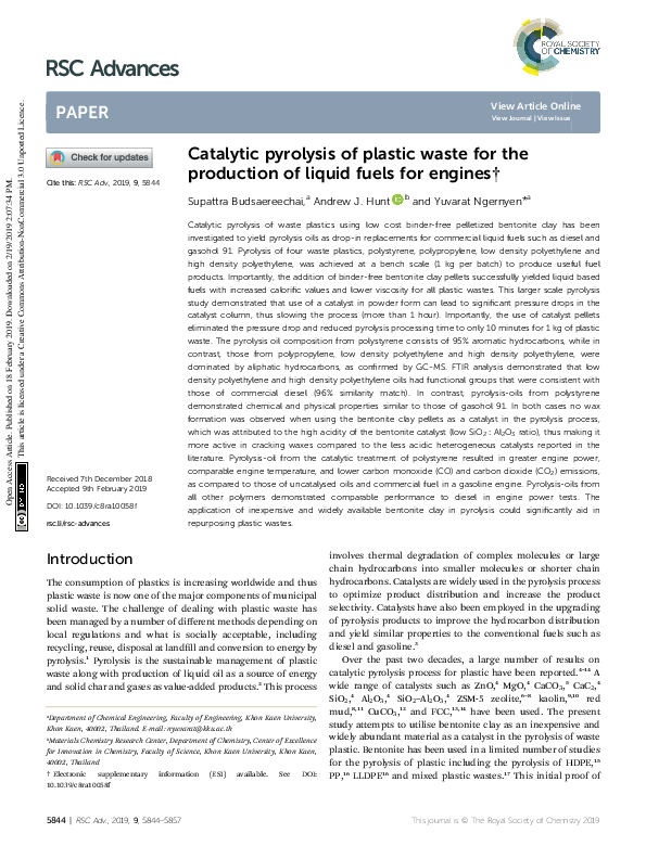 (PDF) Catalytic pyrolysis of plastic waste for the production of liquid ...