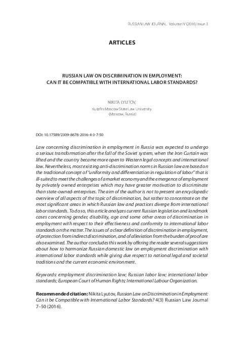 (PDF) Russian Law on Discrimination in Employment: Can it be Compatible ...