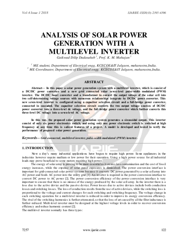 (PDF) Analysis of Solar Power Generation with a Multilevel Inverter