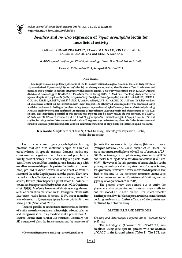 (PDF) Insilico and invitro expression of Vigna aconitifolia lectin for insecticidal activity