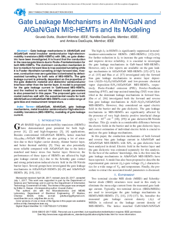 (PDF) Gate Leakage Mechanisms in AlInN/GaN and AlGaN/GaN MIS-HEMTs and ...