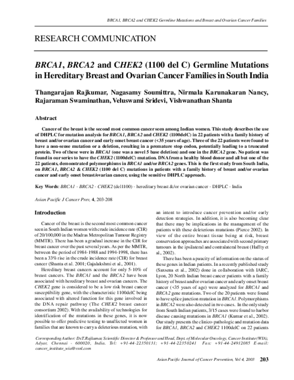 (PDF) BRCA1, BRCA2 and CHEK2 (1100 del C) germline mutations in ...