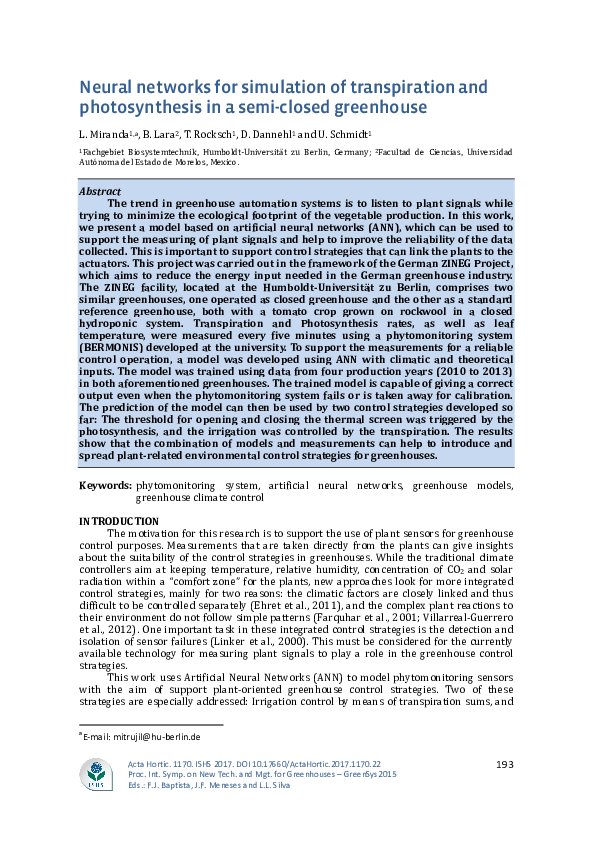 (PDF) Neural networks for simulation of transpiration and ...
