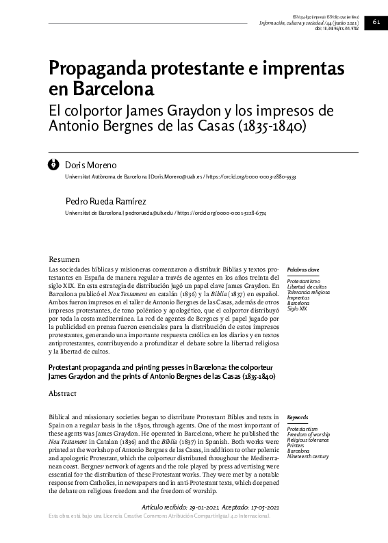 (PDF) Propaganda protestante e imprentas en Barcelona. El colportor