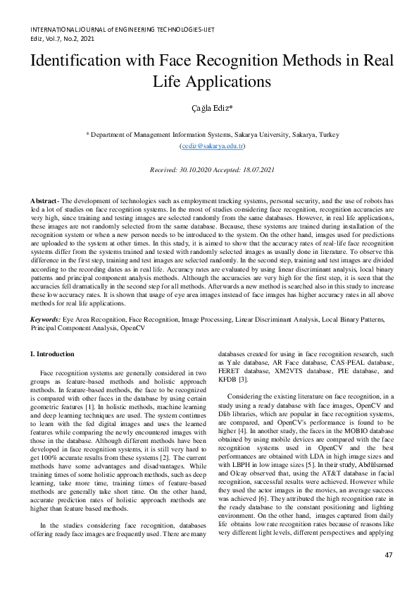 (PDF) Identification with Face Recognition Methods in Real Life ...