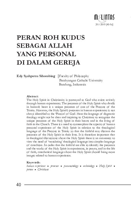 (PDF) Peran Roh Kudus Sebagai Allah yang Personal di dalam Gereja